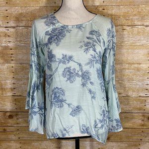 Lauren Conrad Floral Flutter Sleeve Top Green Blue Womens S Split Back Boho